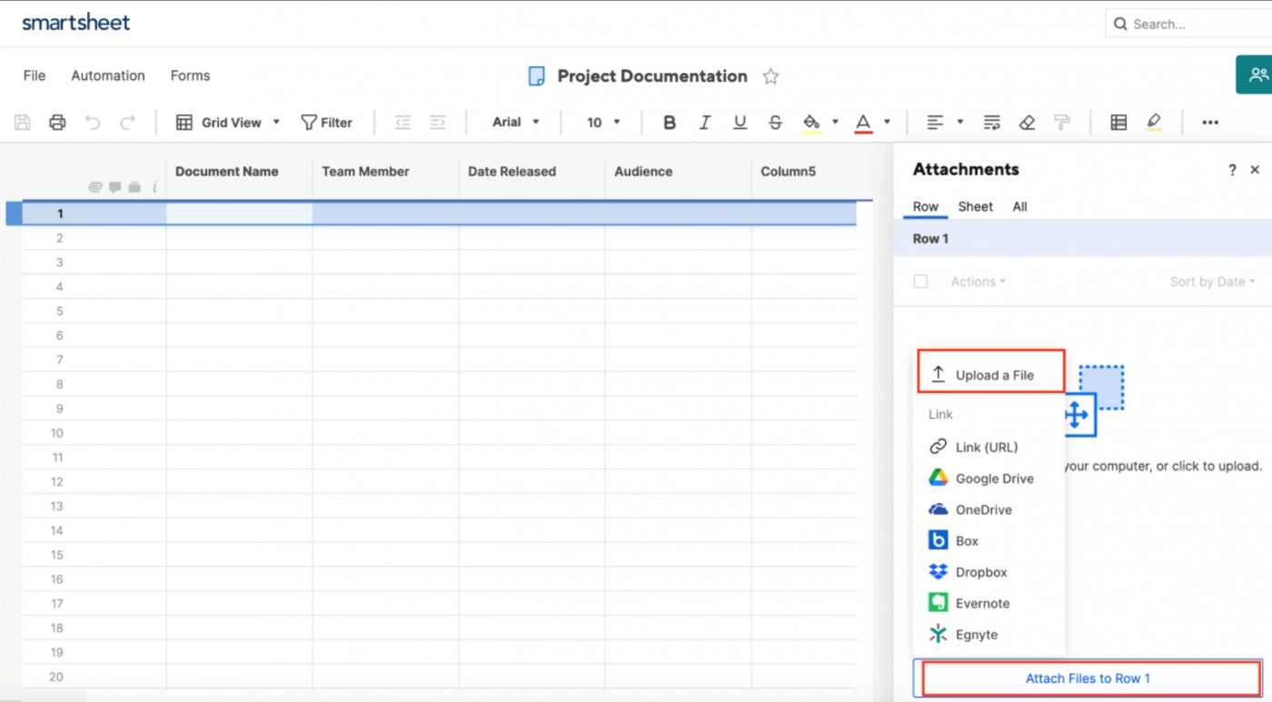 Smartsheet uploading documents from multiple services.