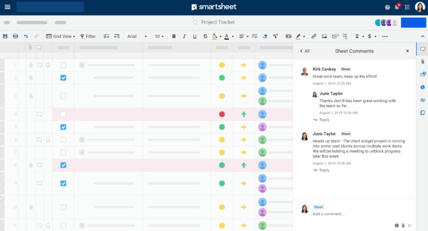 The comments function in Smartsheet.