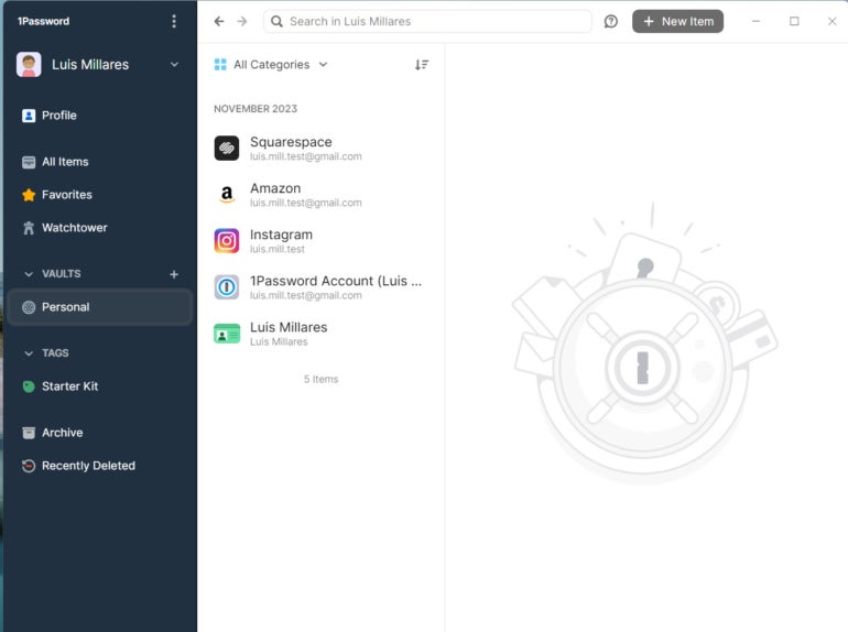 1Password’s main dashboard. 