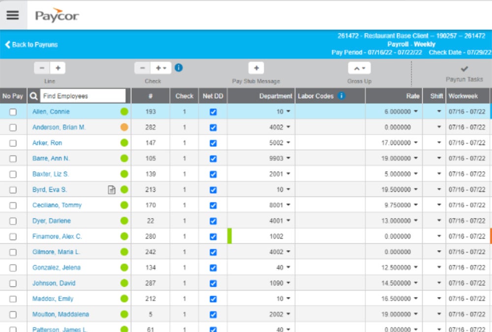 A weekly payroll run in Paycor.