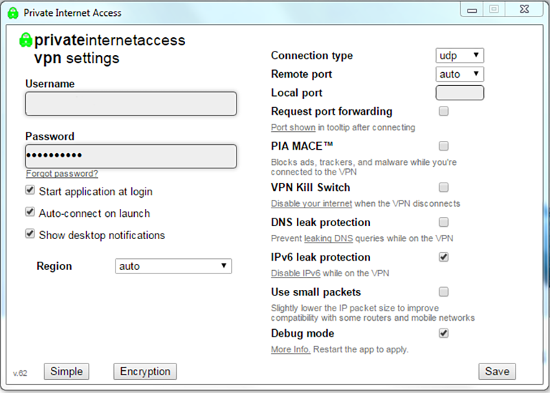 VPN settings for PIA.