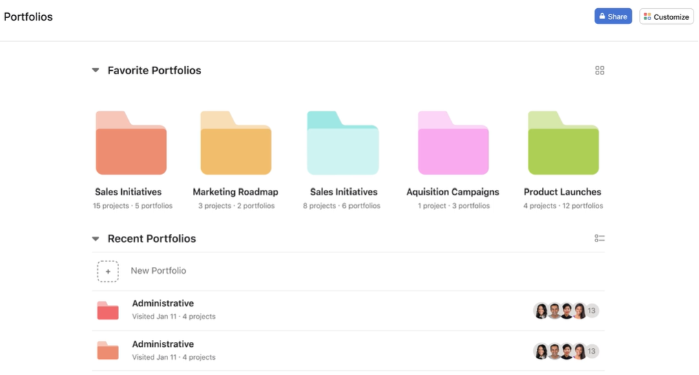 A collection of portfolios in Asana.