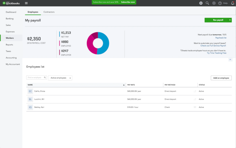 A QuickBooks payroll dashboard.