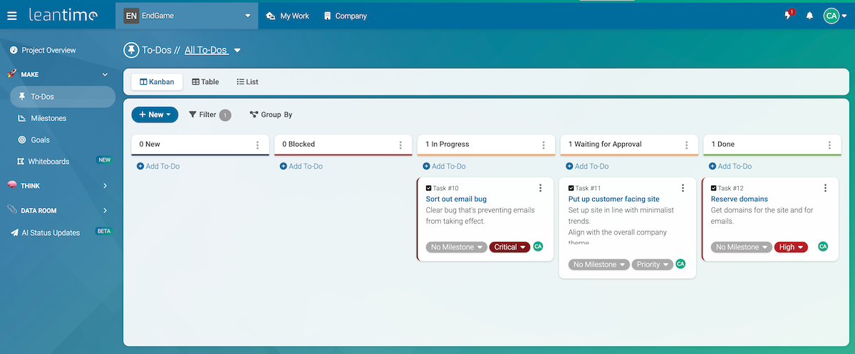 My to-dos in Kanban view in Leantime.